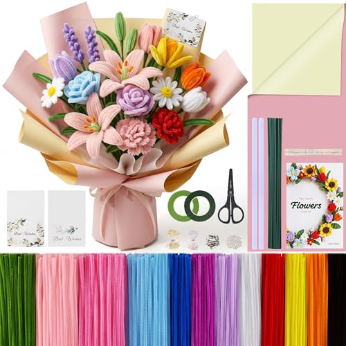EARLY MINDS 800Pcs Pipe Cleaner Flower Kit with Tutorial, 8 Colors - color: multicolored