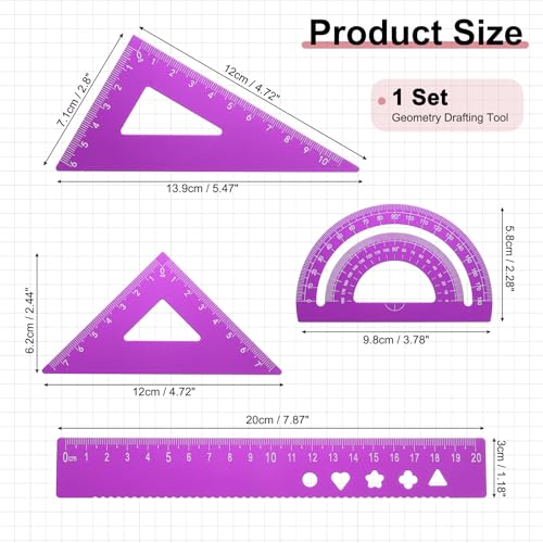 PATIKIL 4Pcs Geometry Drafting Tool, Aluminum Alloy Geometry Kit Math Tool - color: Purple, size: 20cm