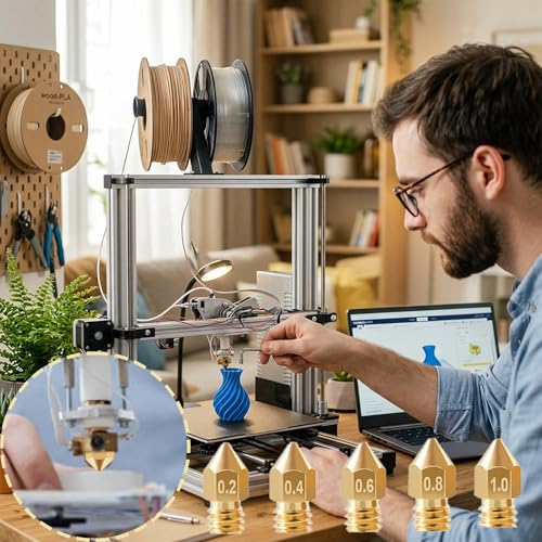 3D Printer Nozzle Kit: 20PCS High Precision MK8 Brass Nozzles (0.2/0.4/0.6/0.8/1.0mm) with Socket Wrench, 10PCS 0.4mm Cleaning Needles & Tweezers for CR-8 / CR-10 / Ender 3 / Ender 3S / 5/6