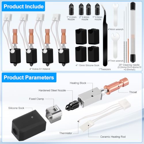 46 PCS Upgraded Kobra S1 Hotend Kit, Hot End Printhead Extruder Kit with 4 Nozzle 0.2/0.4/0.6mm, 25 Cleaning Needles, 4 Silicone Cover, 8 Wrench and Tweezers, for Anycubic Kobra S1/Kobra S1 Combo - color: 46 PCS