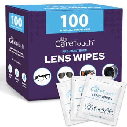 Care Touch Lens Wipes for Eyeglasses- 100 Count Individually Wrapped Pre- Moistened Wipes, 5 x 6 Inch- Camera Lens, Sunglasses and Glasses Cleaner,- Gentle and Portable for Cleaning of Optical Devices - size: 100 Count (Pack of 1)