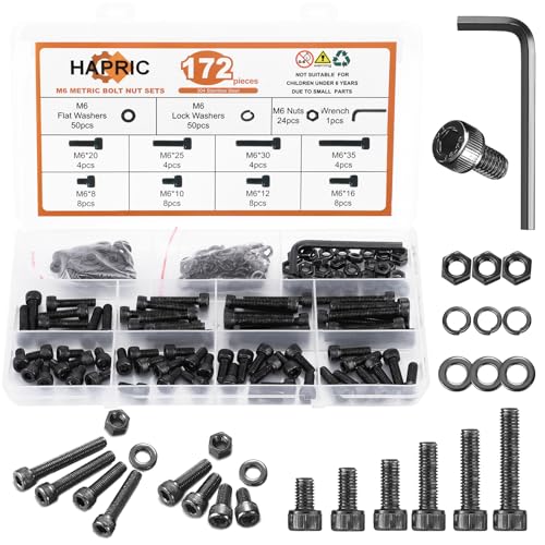 Hapric 172 Pcs M6 Bolts Assortment Kit, M6x 8-35MM Screw Kits - color: Black, size: M6x8mm-35mm 172Pcs