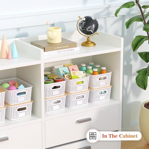 Ohmlove 6 Pack Plastic Storage Baskets with Bamboo Lids for Organization - color: Cream White