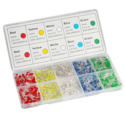 DiCUNO 1000pcs 3MM LED Assorted Light Emitting Diodes, (5 Colors x 200pcs) - color: R/Y/B/G/W, 1000 Pack