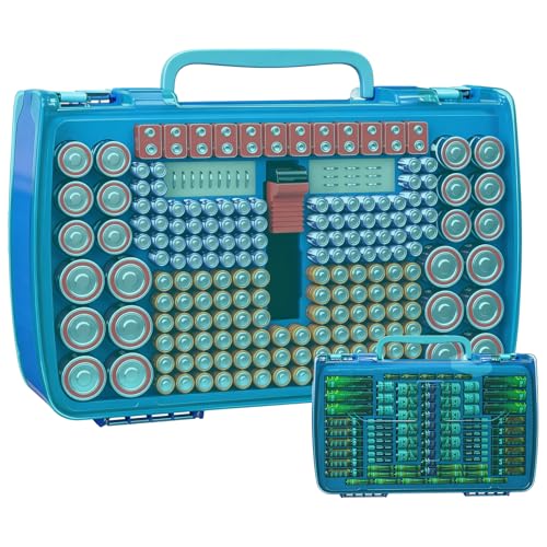 Battery Organizer Storage Case with Tester for 269 Batteries, Double Sides - color: Blue Case+Green Handle