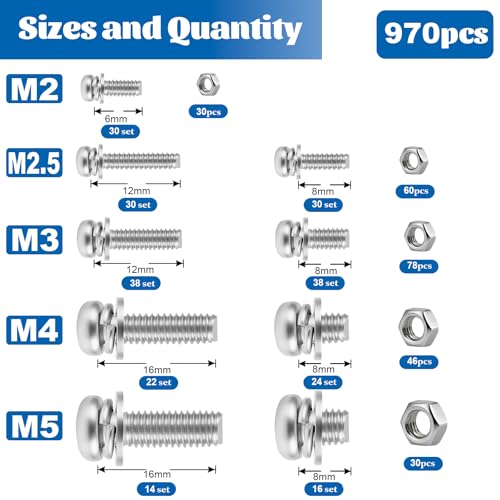 970PCS M2M2.5M3M4M5 Phillips Pan Head Bolts and Nuts Assortment Kit - size: SS M2M2.5M3M4M5 970PCS