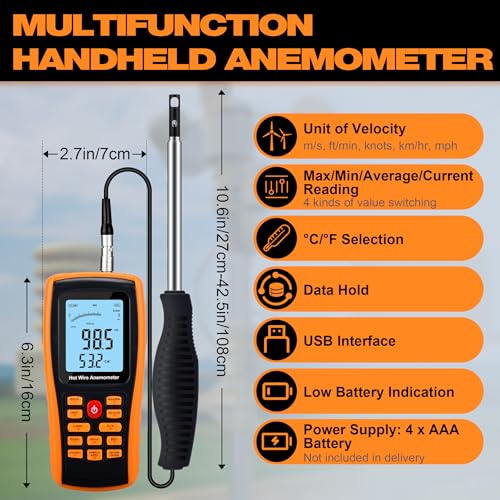 Hotwire Anemometer Handheld Anemometer with Telescopic Probe Wind Speed Meter with Backlight for Airflow Air Velocity Temperature CFM Meter Used in HVAC, Marine (Model AMF029) - size: Model 2