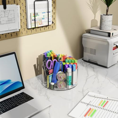 Mefirt Acrylic Pen Holder, 360 Degree Rotating Pen Organizer, Rotating Desk Acrylic Office Organizer with 6 Compartments, Marker Organizer for Kid, Crayon Caddy School Art Supply Storage Organizer - style: Clear-Large