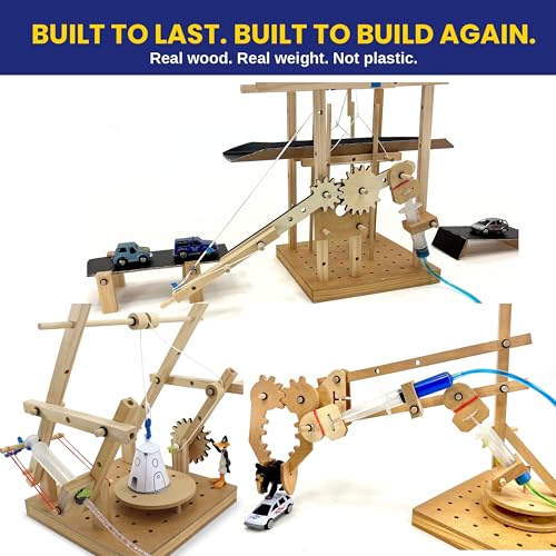 PATHFINDERS Engineering Maker Set — Real Wood STEM Building Kit | Hydraulics, Gears, Levers & Pulleys | 10 Challenges + 15 Challenge Cards | Ages 8+