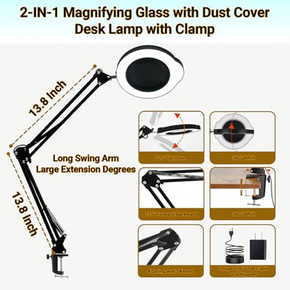 15X Magnifying Glass Desk Lamp with Clamp, Real Glass Lens with Dust Cover, 84 LEDs, 5 Color Modes, 10 Brightness Dimmable, Long Flexible Swing Arm Magnifier for Reading, Crafting, Repair, Close Works