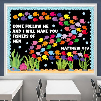 Fishers of Men Bulletin Board Classroom Decorations Christian Religious Bible Bulletin Board Sets Fish Paper Cutouts for Jesus Church Sunday Summer VBS Back to School Teacher Chalkboard Wall Supplies - style: Fishers of Men