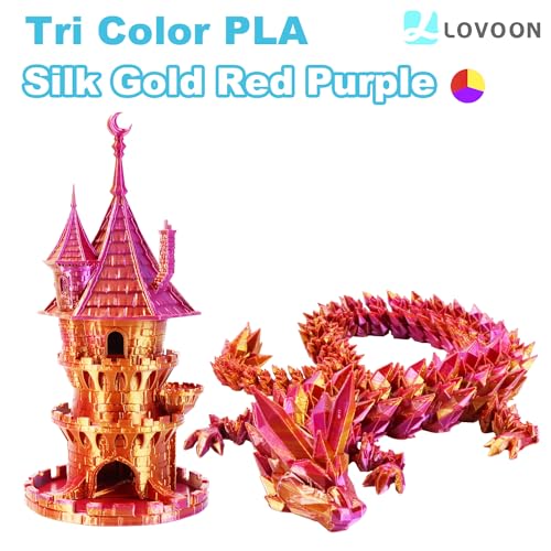LOVOON 3D Printer Filament Tricolors, Color Change by Angle PLA Filament 1.75mm, Silk PLA Filament, Gold Red Purple Three Colors, Most 3D Printer and 3D Pen Compatible, 1KG(2.2lbs)/Spool - color: 3colors Silk Gold/Red/Purple, size: 1 kg