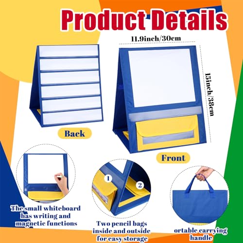 Jetec 4 Pcs Magnetic Desktop Pocket Chart Stand with Pen Case Foldable Double Sided Small Tabletop Pocket Chart Dry Erase Magnetic Boards for Classroom Easel Tabletop Whiteboard for Kids 15 x 12.6 in