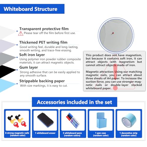 JUMUBOARD Self-Adhesive Magnetic Dry Erase Whiteboard Sticker, 40" x 20" - size: 40"W x 20"H