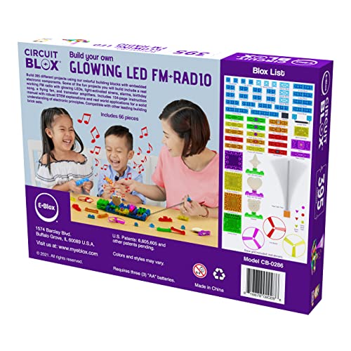 E-BLOX Build Your Own Glowing LED FM Radio Kit, 395 Fun STEM Electrical Science Projects, Building Blocks Circuit Toy Set for Kids, Birthday Gift, Boys, Girls, 8+ - style: Glowing LED FM Radio