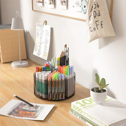 Mefirt Acrylic Pen Organizer, 360 Degree Rotating Desk Organizer with 6 Compartments Crayon Holder for Office, School, Home, Art Supply, Grey - style: Grey-Large