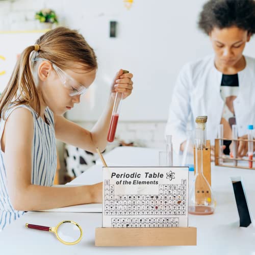 SETHVILL Periodic Table with 83 Real Elements Inside, Acrylic Periodic Table of Chemical Elements with Wooden Stand and Magnifying Glass, Periodic Table Display with Elements for Teacher Students - size: 6"L x 4.6"W