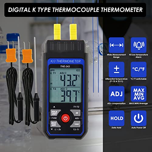 Thermocouple Thermometer Digital K Type Thermometer with 4 Thermocouples, -328~2500℉ Measuring Range HVAC Dual Channels Temperature Meter Gauge with LED Backlight & ADJ Compensation - color: Black