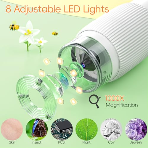 Microscope for Kids, SKYBASIC 2" IPS Screen 1000X Handheld Digital Microscopes HD Pocket Portable Mini USB Microscope Camera, PC Compatible, Science Edu Fun Birthday Gifts Toys for Children Students - color: White