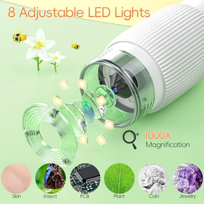 Microscope for Kids, SKYBASIC 2" IPS Screen 1000X Handheld Digital Microscopes HD Pocket Portable Mini USB Microscope Camera, PC Compatible, Science Edu Fun Birthday Gifts Toys for Children Students - color: White