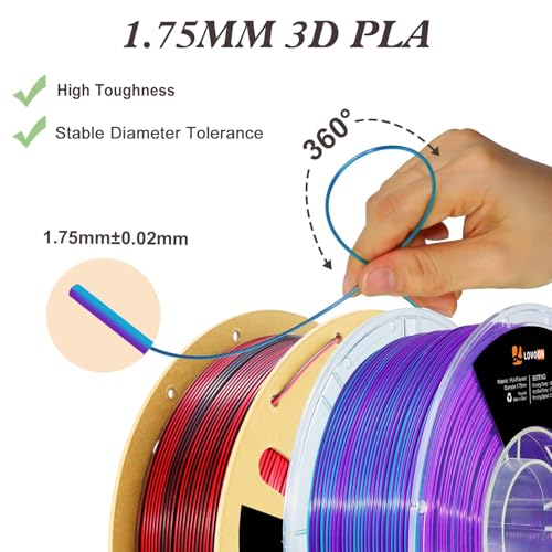 LOVOON Silk PLA Filament 1.75mm, 2KG Bundle 3D Printer Filament, 3D Printing Filament Shiny Change by Angle, Dual Color Black/Red and Blue/Purple, 1KG X 2 Spools - color: Black/Red+blue/Purple, size: 2 kg