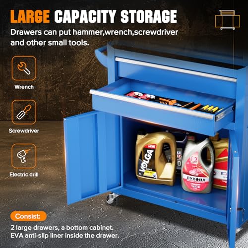 Oakcloud Heavy-Duty 8-Drawer Rolling Tool Chest & Cabinet Combo with Black Liner – Lockable Steel Garage Tool Box on Wheels – Detachable Top Toolbox & Bottom Storage Cart with Side Hooks, Blue - color: Blue, size: 8-Drawer