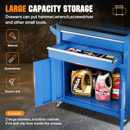 Oakcloud Heavy-Duty 8-Drawer Rolling Tool Chest & Cabinet Combo with Black Liner – Lockable Steel Garage Tool Box on Wheels – Detachable Top Toolbox & Bottom Storage Cart with Side Hooks, Blue - color: Blue, size: 8-Drawer