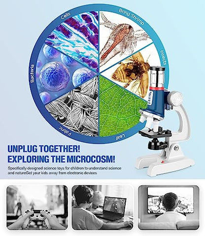 58-Piece Kids Microscope Kit - 100X-1200X Magnification, Metal Body, LED Light, Carrying Box - Science Experiment Toy for Kids Ages 5-12 - color: Blue