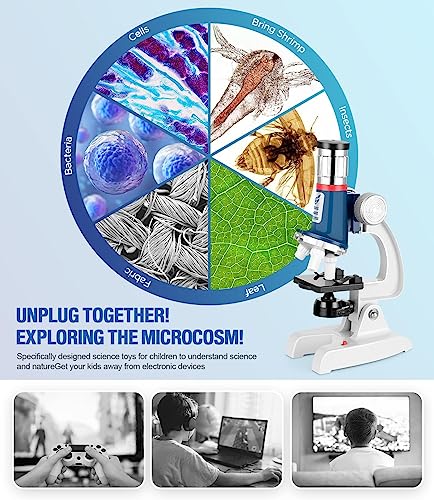 58-Piece Kids Microscope Kit - 100X-1200X Magnification, Metal Body, LED Light, Carrying Box - Science Experiment Toy for Kids Ages 5-12 - color: Blue