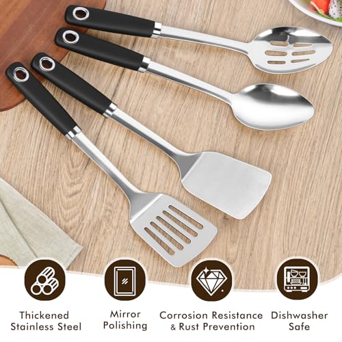 4 Pcs Cooking Utensils Set, Stainless Steel Kitchen Utensils, Heat Resistant Metal Kitchen Tools Include Solid & Slotted Turner Wok Spatula, Serving Spoon, Ergonomic Handle, Easy to Clean, Silver - color: C. 4 Pieces