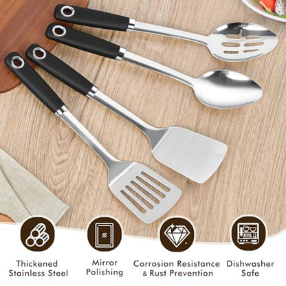 4 Pcs Cooking Utensils Set, Stainless Steel Kitchen Utensils, Heat Resistant Metal Kitchen Tools Include Solid & Slotted Turner Wok Spatula, Serving Spoon, Ergonomic Handle, Easy to Clean, Silver - color: C. 4 Pieces