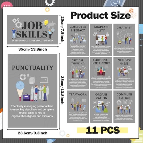 WATINC Job Skills Classroom Poster - 11PCS High School Career Bulletin Board Decorations, College Classroom Workplace Essential Qualities Learning Poster Decor Supplies for Business Seek (Grey) - style: Grey