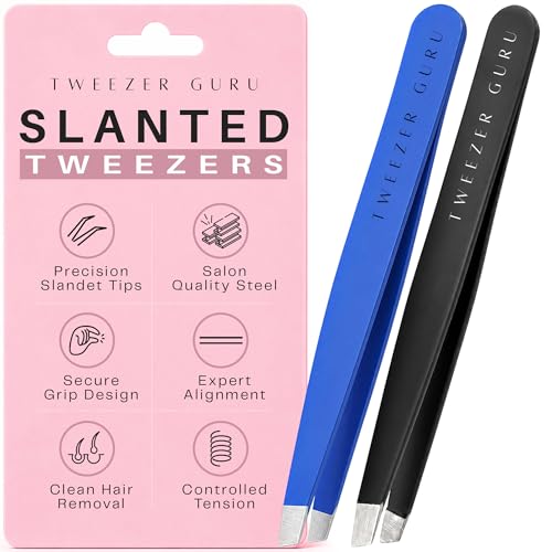 TWEEZER GURU 2 piece - Slant Pointed Precision Tweezers for Eyebrows, Ingrown Hairs, Blackheads - Sharp Needle Nose for Plucking, Splinters - color: Black + Bold Blue, size: 2 Count (Slant)