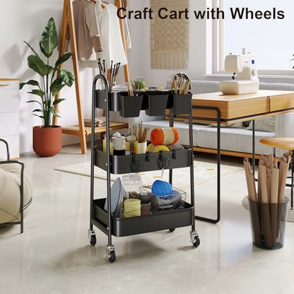 3 Tier Metal Rolling Cart with Lockable Wheels,Black Three Tiered Art Carts - color: Matte Black, size: 3 tier