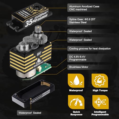 HobbyPark Waterproof High Torque RC Servo 35kg Brushless Motor Metal Gear Digital Servo Stainless Steel Gear Aluminum Case for RC Crawler RC Car Truck Buggy Bashing Basher Programmable 180°