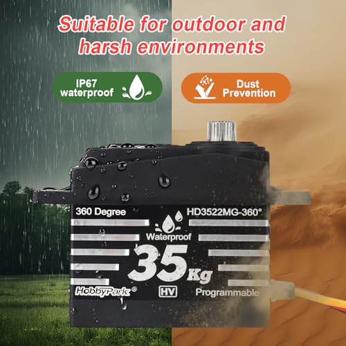 HobbyPark 35kg 360 Degrees Servo Continuous Rotation Coreless Motor for Robot Projects, Arduino, RC Crawler Winch High Torque Metal Gears High Voltage Programmable