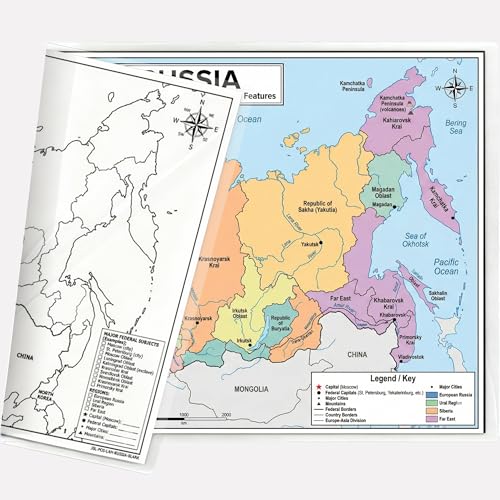Russia Map Poster 11x17 | Laminated Double-Sided Geography Chart with Color Map Front & Blank Outline Back | Reusable Classroom & Homeschool Learning Tool - color: Russia