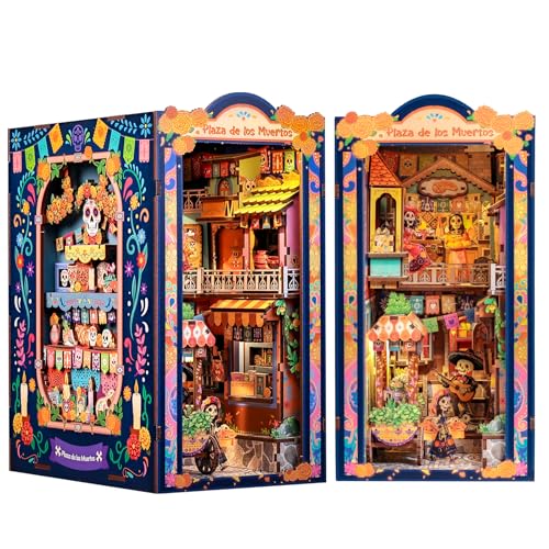 CUTEBEE Book Nook Kit - Mexican Fiesta DIY Miniature Dollhouse, Vibrant LED Bookshelf Decor Alley Model for Adults Teens, Gifts for Family and Friends（Plaza de Los Muertos） - color: Day of the Dead