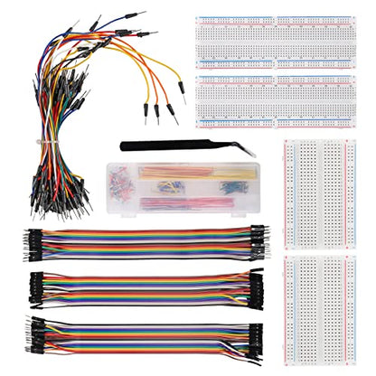 Breadboard Jumper Wires Kit 4pcs 400 & 830 Point Solderless Breadboards, 560pcs 2-125 mm U-Shape JumperWires &Tweezer, 65pcs M/M Flexible Jumper Wire and 3pcs 20pin Dupont Wire for Arduino