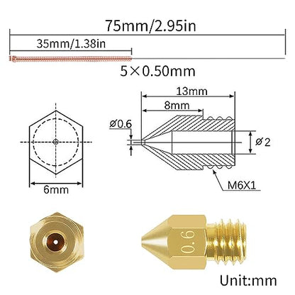 Aokin 10 Pcs 0.6mm 3D Printer Nozzles MK8 Extruder Nozzles and 5 Pcs 0.5mm Stainless Steel Nozzle Cleaning Needles for Creality Ender 3/3 Pro/3 V2, Ender 5/5 Pro, CR-10/10S, Makerbot, Anet A8 - color: 0.6mm