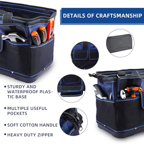 Tool Bag 16'', Multi-pocket Tool Organizer with Water Proof Plastic Base, Heavy Duty Tote with Shoulder Strap for Tool Storage, Black & Blue - color: Blue