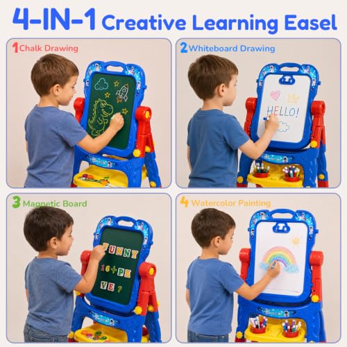 Easel for Kids, Double-Sided Magnetic Drawing Board with Art Set - color: Red