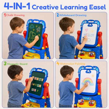 Easel for Kids, Double-Sided Magnetic Drawing Board with Art Set - color: Red