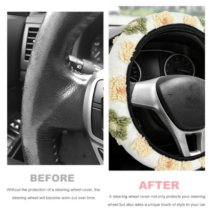 15" Plush Flower Car Steering Wheel Cover (Yellow) - color: Yellow