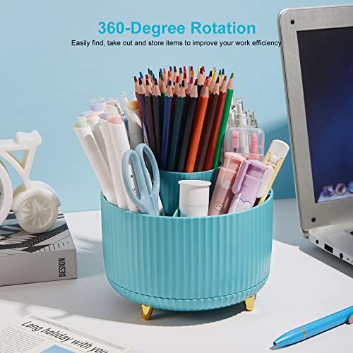 360 Degree Rotation Pen Holder, 5 Slots Office Desk Pen Organizer Multi-Functional Pencil Cup Makeup Brush Holder Office Business Card Pen Pencil Stationery Holder Storage Box Blue - color: Blue