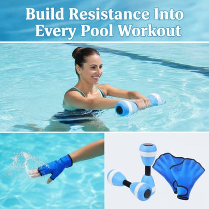 Seenelling Water Aerobics Set for Adults Neoprene Swim Gloves 2 Foam Aquatic Dumbbells Pool Exercise Equipment Water Weights for Aquatic Fitness Low Impact Pool Workouts - color: Blue