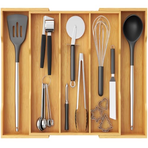 Lifewit Bamboo Utensil Organizer for Kitchen Drawer, Cooking Utensil Tray - color: Natural, size: 12.6~22.8''W x 14'' D