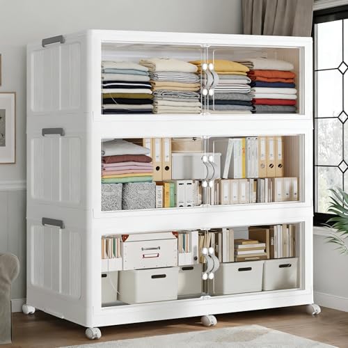 720QT Extra Large Stackable Storage Bins with Lid, 180Gal Plastic Closet Organizers and Storage Drawer, Collapsible Cabinet Box with Wheels Clear Doors for Home Kitchen Garage, 3Pack White - color: White, size: 240QT-3Pack