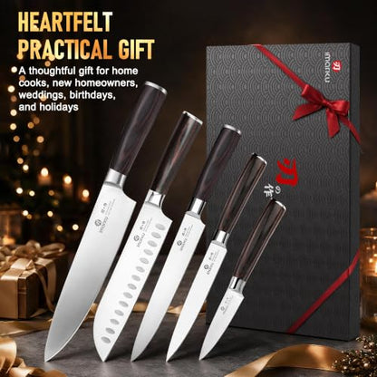 imarku 5PCS Kitchen Knife Set - Japanese High Carbon Stainless Steel Knives - color: Silver Blade with Brown Handle