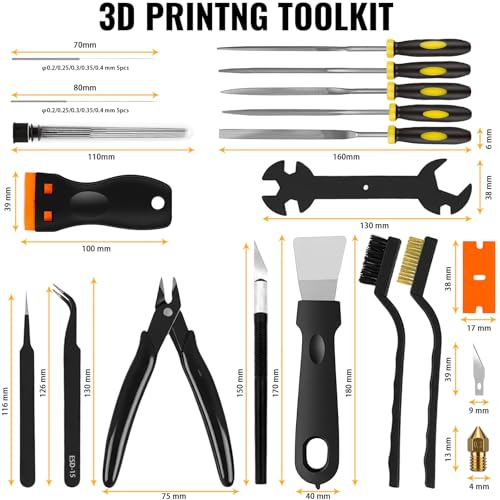 43 Pieces 3D Printer Tools Kit, 3D Printer Accessories for FDM/SLA Printers Starter Tool Set with Storage Bag Includes Nozzle Cleaning Kit, Scrapers, Finishing Tools, Files, Brushes, Wire Cutter